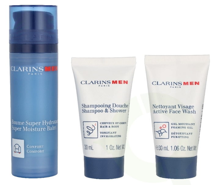 Clarins Men Hydration Essentials Set 110.9 ml Super Moisture Balm 50ml/Shampoo & Shower Gel 30ml/Facial Cleanser 30ml/Double Serum Eye 0,9ml i gruppen SKØNHED & HELSE / Hudpleje / Kropspleje / Bad & brusecreme hos TP E-commerce Nordic AB (D35858)
