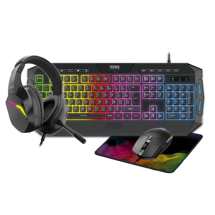 Freaks and Geeks 4-i-1-pakke QWERTZ-tastatur + mus + musemåtte + headset (RGB) i gruppen COMPUTERTILBEHØR / GAMING / Tastatur hos TP E-commerce Nordic AB (D37166)