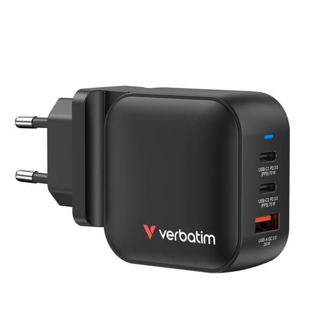 Verbatim Mini GaN-oplader 70 W, 3 porte, amerikansk stik med EU- og britisk adapter i gruppen SMARTPHONES & TABLETS / Opladere og kabler / Vægoplader hos TP E-commerce Nordic AB (D38306)