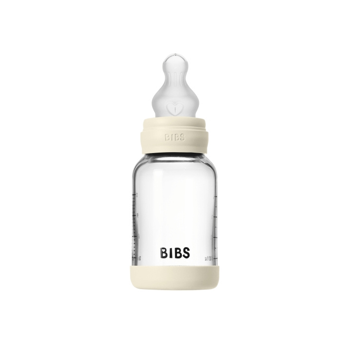BIBS Glasflaske til baby, rund, med silikone, 1 stk., 120 ml, langsomt flow – elfenben – 120 ml i gruppen LEGETØJ, BØRN & BABY / Mad & Drikke hos TP E-commerce Nordic AB (D42657)
