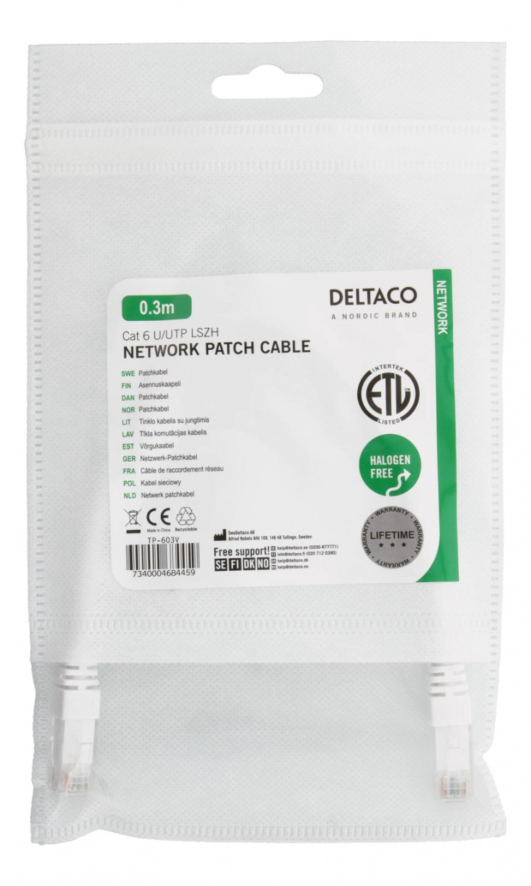 DELTACO UTP Cat6 patchkabel 0,3m, hvid
