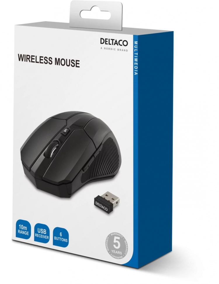 DELTACO trådløs optisk mus, 5 knapper med scroll, justerbar D