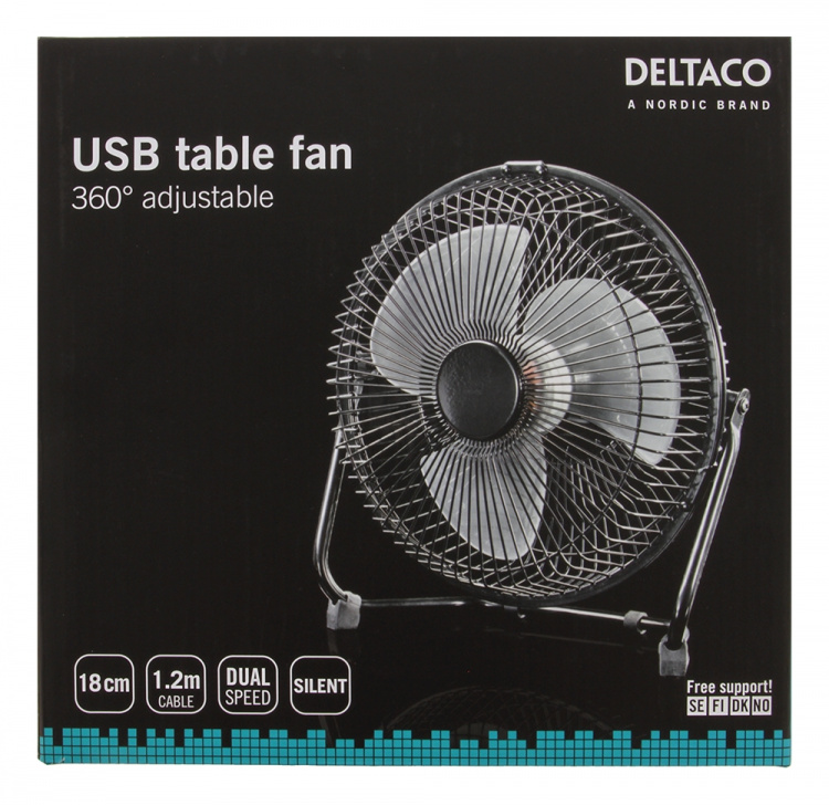 DELTACO USB-blæser, 18cm, bordmodel, 1x USB Type A han, sort