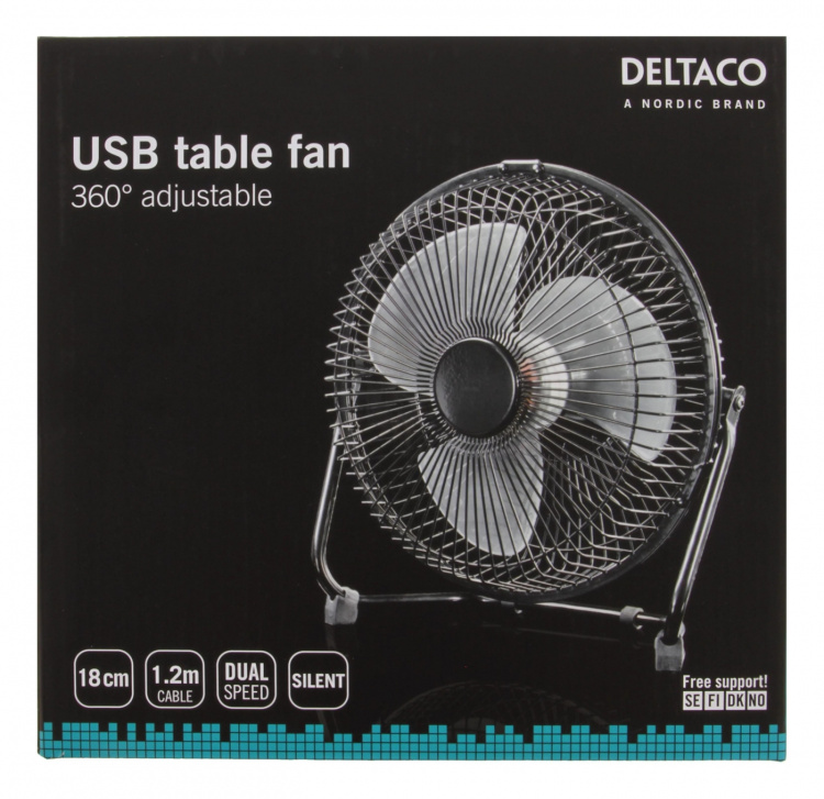 DELTACO USB-blæser, 18cm, bordmodel, 1x USB Type A han, sort