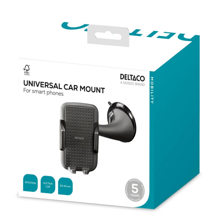DELTACO Holder til smartphone, justerbart beslag med sugekop, 53-83mm,