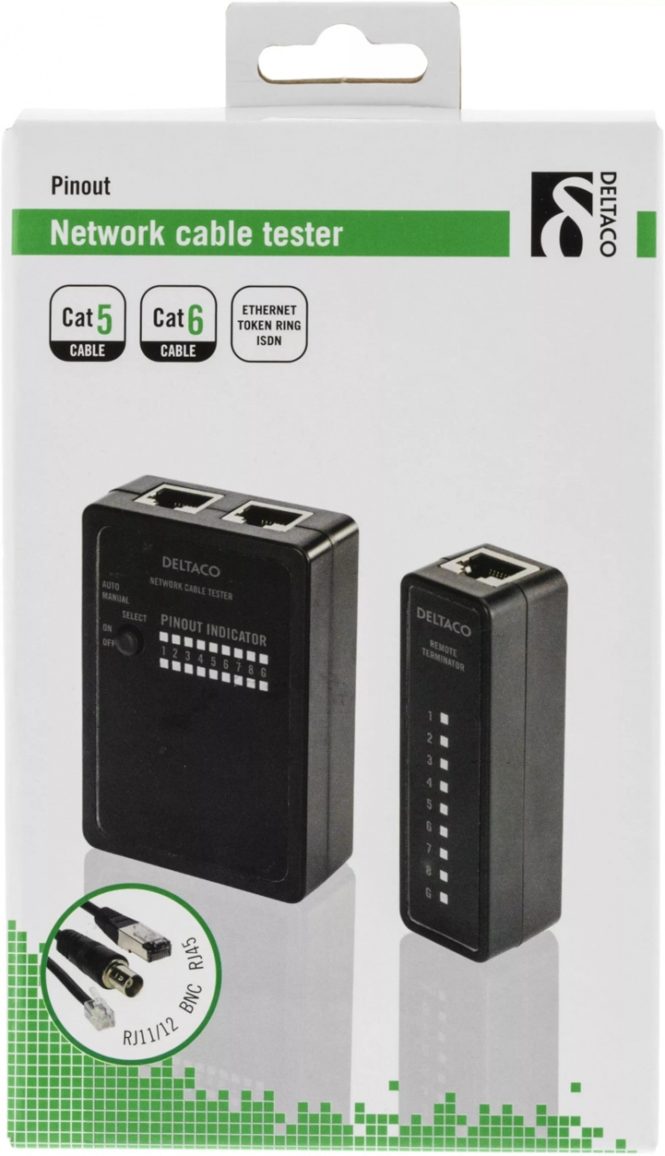 DELTACO kabeltester til RJ45,RJ12,RJ11 og BNC, todelt, beskyttelsestas