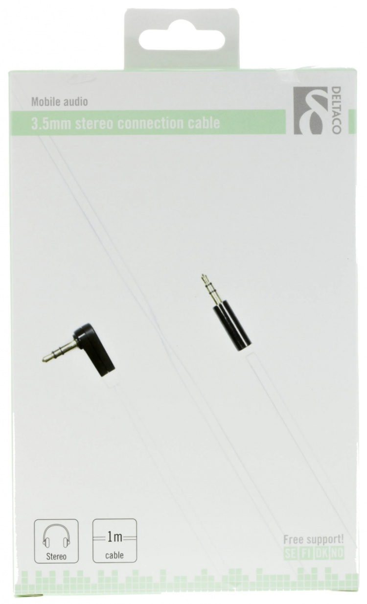 DELTACO lydkabel, vinklet 3,5mm han til 3,5mm han, 1m, hvid