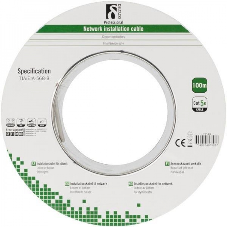 DELTACO U/UTP installationskabel, Cat5e, 100m, grå