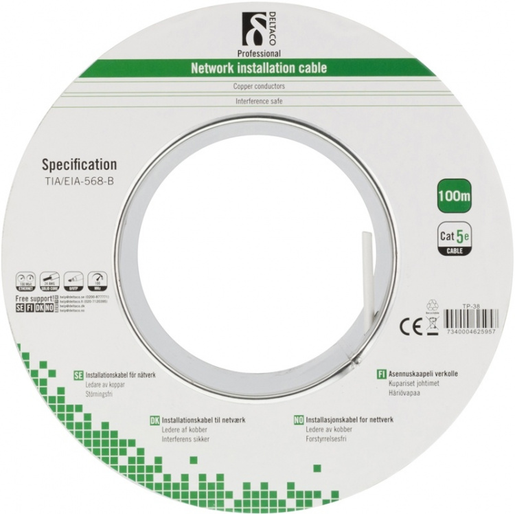 DELTACO U/UTP installationskabel, Cat5e, 100m rulle, hvid