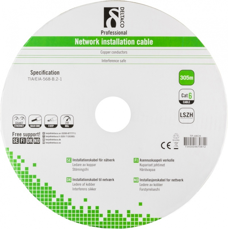 DELTACO F/UTP installationskabel, LSZH (Low Smoke Zero Halogen), Cat6,