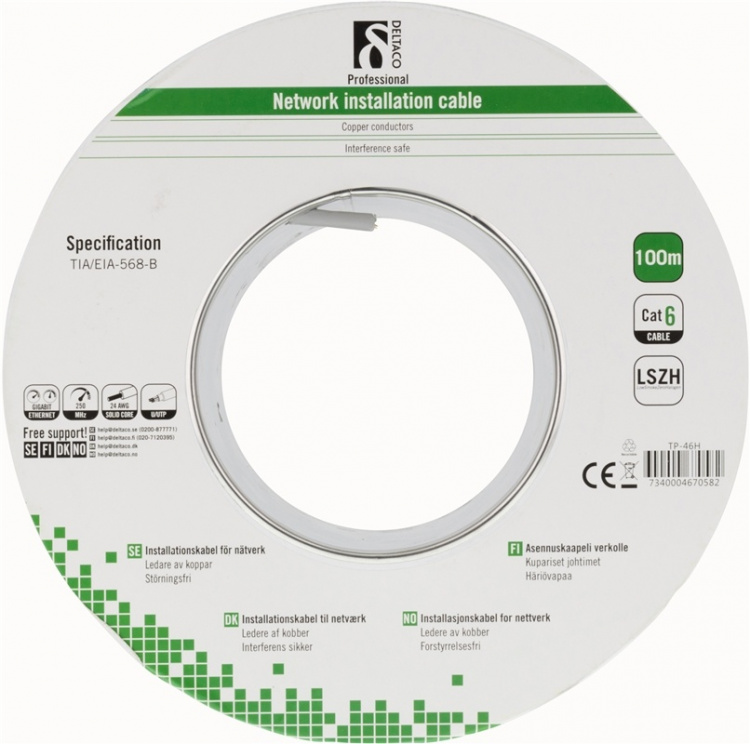 DELTACO U/UTP Cat6 installationskabel, LSZH (Low Smoke Zero Halogen),