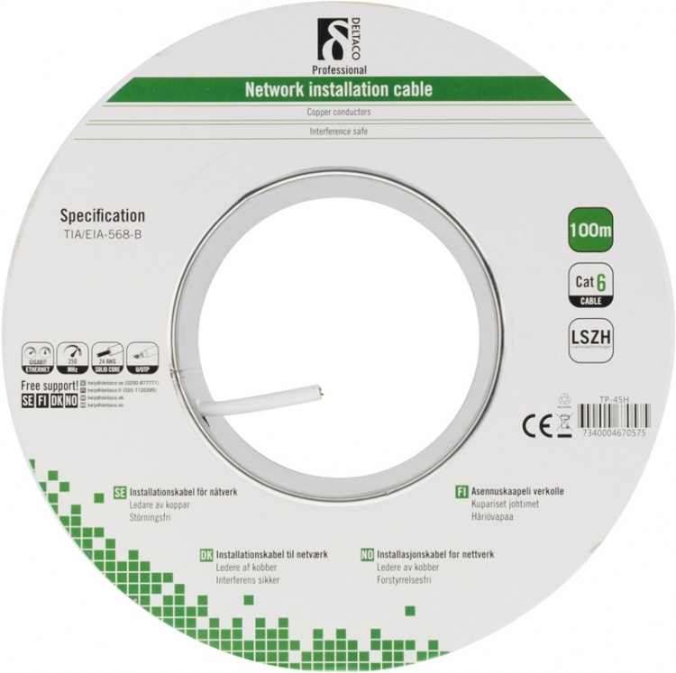 DELTACO UTP installationskabel, Cat6, LSZH, 100m, hvid