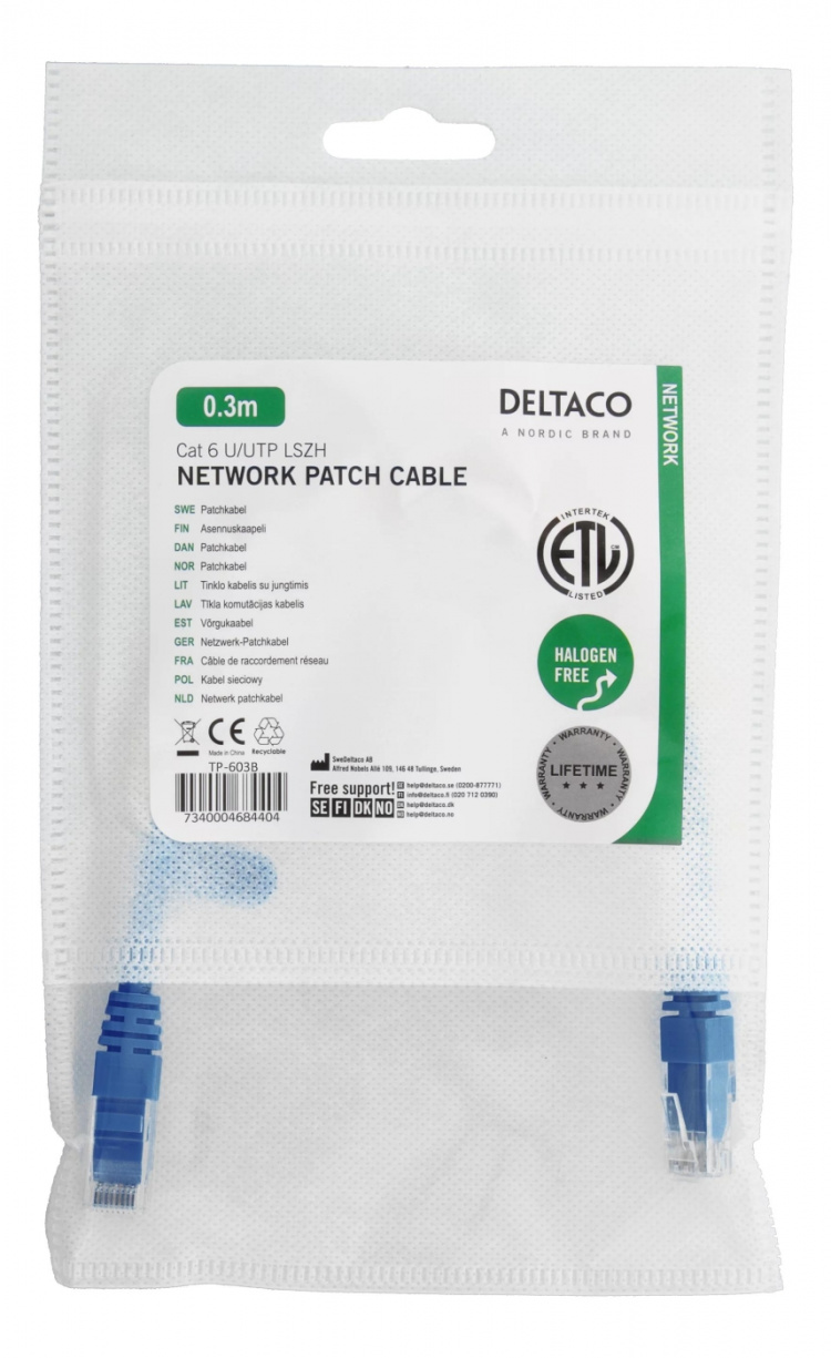 DELTACO U/UTP Cat6 patchkabel, 0,3m, blå