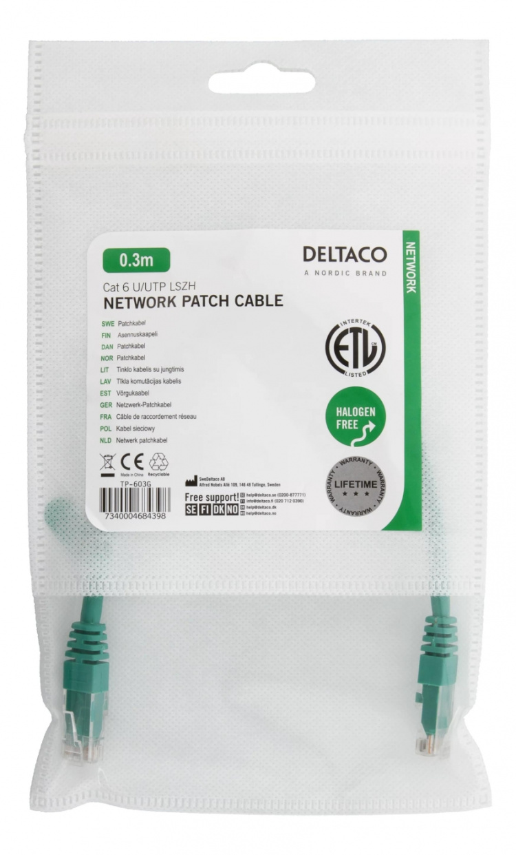 DELTACO U/UTP Cat6 patchkabel, 0,3m, grøn