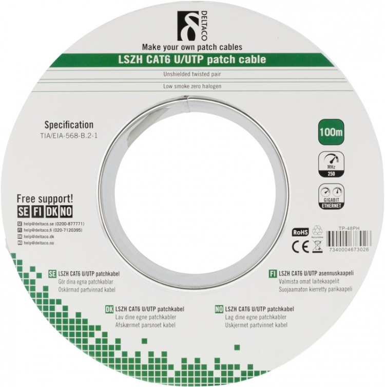 DELTACO U/UTP patchkabel, LSZH (Low Smoke Zero Halogen), Cat6, multico