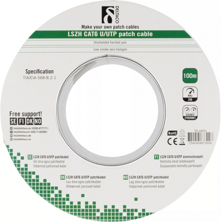 DELTACO U/UTP patchkabel, LSZH (Low Smoke Zero Halogen), Cat6, multico
