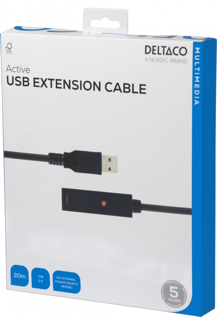 DELTACO PRIME USB 2.0 forlængerkabel, <b>aktivt</b>, Type A han - Typ DELTACO PRIME USB 2.0 forlængerkabel, <b>aktivt</b>, Type A han - Typ