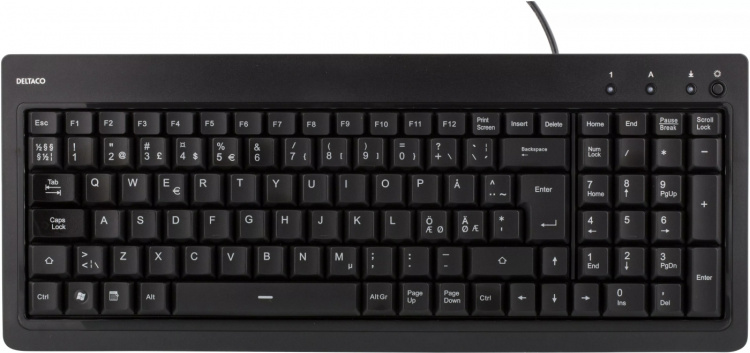 DELTACO kompakt tastatur med baggrundsbelyste taster, nordisk layout,