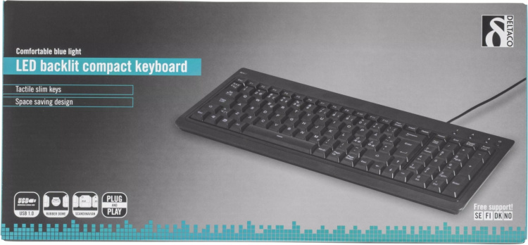 DELTACO kompakt tastatur med baggrundsbelyste taster, nordisk layout,