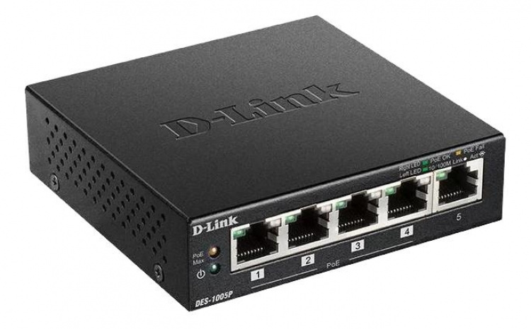 D-Link switch 5x10/100Mbps RJ45, 1xPoE, bordmodel, sort
