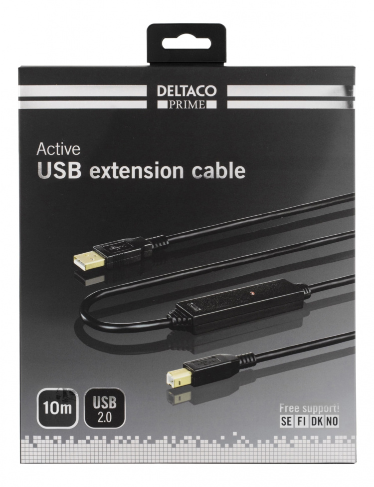 DELTACO PRIME USB 2.0 kabel Type A han - Type B han, aktiv, 10m, sort
