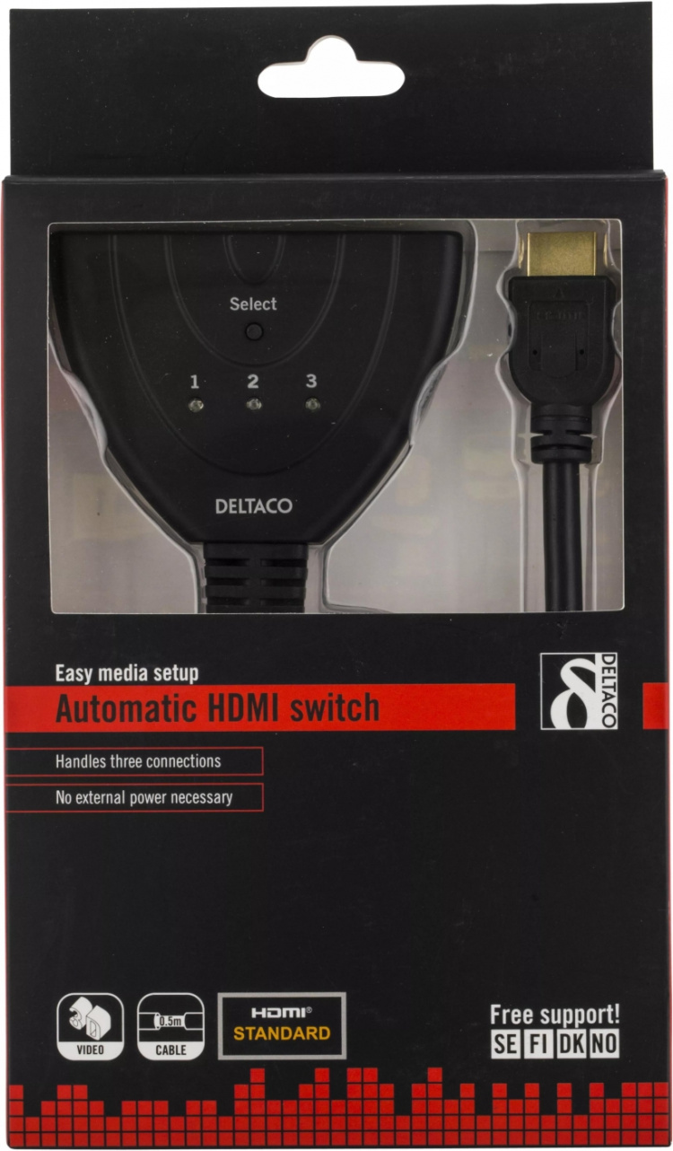 DELTACO HDMI Pigtail Switch, auto/manu HDMI-switch, tre til en, sort DELTACO HDMI Pigtail Switch, auto/manu HDMI-switch, tre til en, sort