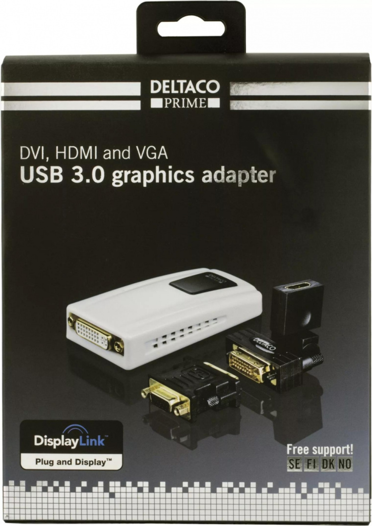DELTACO PRIME USB 3.0 til DVI/HDMI/VGA-adapter, fungerer som et ekstr