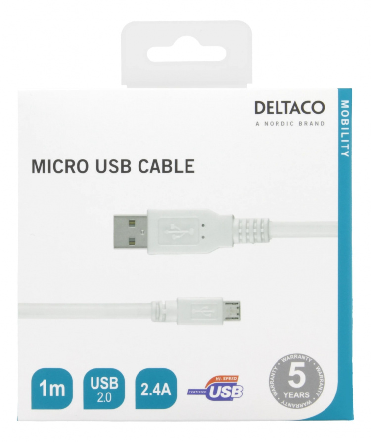 DELTACO USB 2.0 kabel Type A han - Type Micro B han, 5-pin, til opladn