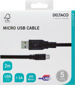 DELTACO, USB 2.0 kabel, USB-A han - Micro B han, 2m, sort