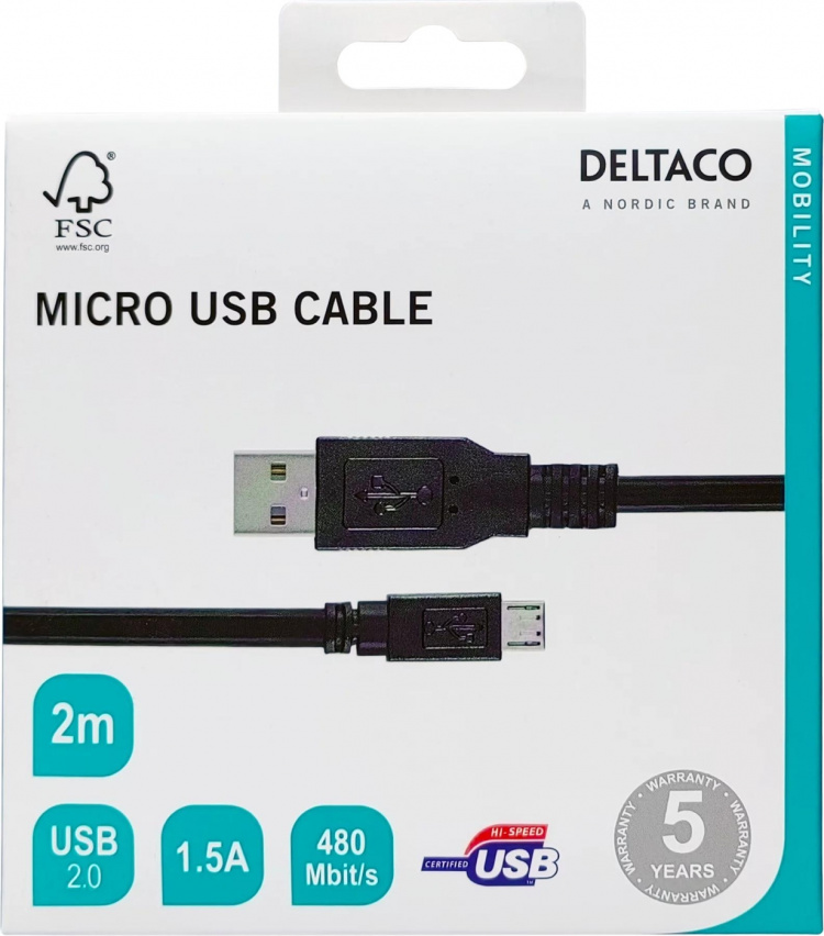 DELTACO, USB 2.0 kabel, USB-A han - Micro B han, 2m, sort