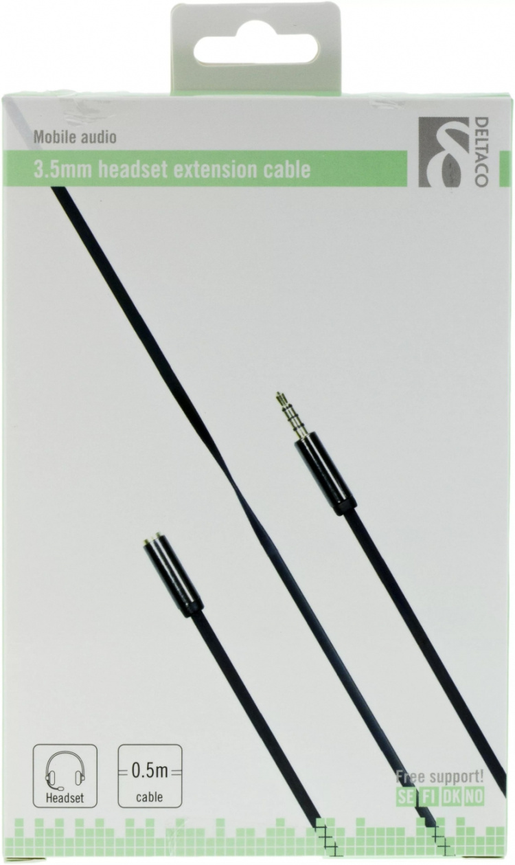 DELTACO lydkabel, 3,5mm han til 3,5mm hun, 0,5m, sort