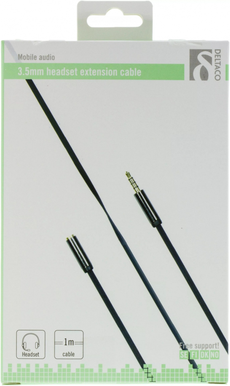 DELTACO lydkabel, 3,5mm ret han til 3,5mm hun, <b>4-pin</b>, 1m, sort