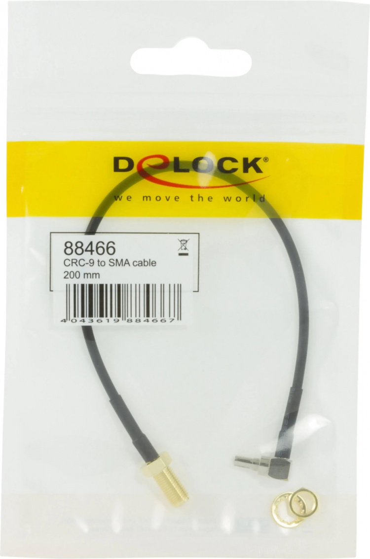 DeLOCK adapter, CRC-9 han vinklet 90° - ret SMA hun, 0,2m, sort