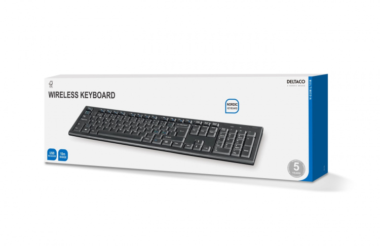DELTACO trådløst tastatur, nordisk layout, USB, nano-modtager, 10m r
