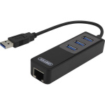 DELTACO, USB 3.0 netværksadapter, 1000Mbps, 1xRJ45, 3xUSB-A hun, sort