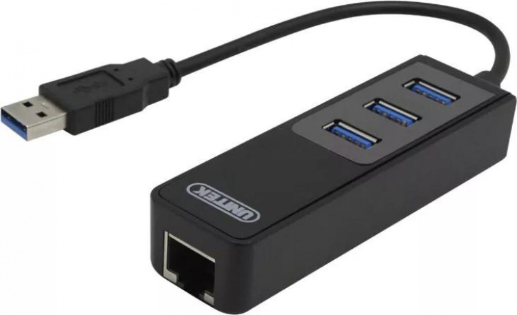 DELTACO, USB 3.0 netværksadapter, 1000Mbps, 1xRJ45, 3xUSB-A hun, sort