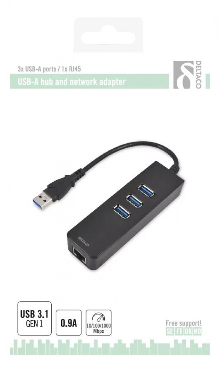 DELTACO, USB 3.0 netværksadapter, 1000Mbps, 1xRJ45, 3xUSB-A hun, sort