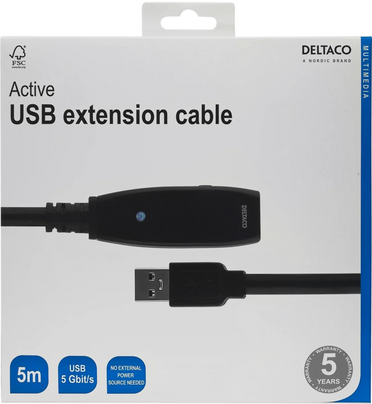 DELTACO PRIME aktiv USB 3.0-forlængerkabel, Type A han-hun,5m,sort