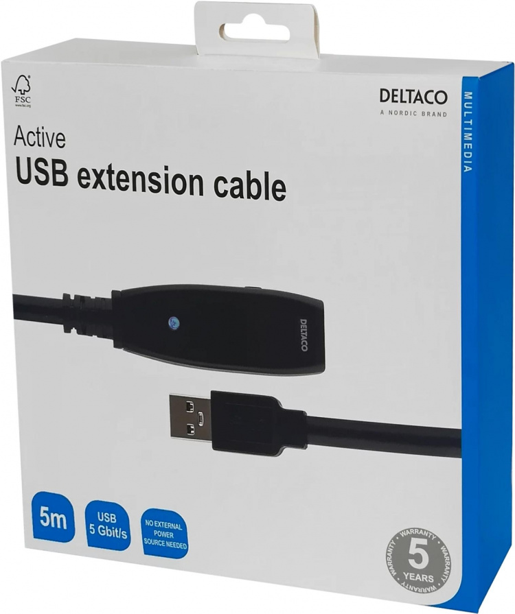DELTACO PRIME aktiv USB 3.0-forlængerkabel, Type A han-hun,5m,sort