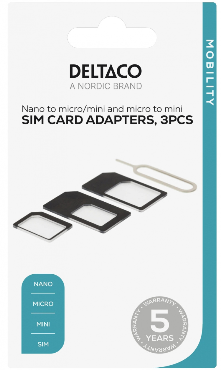 DELTACO SIM-kortadapter til micro/mini/nano-sim, sort