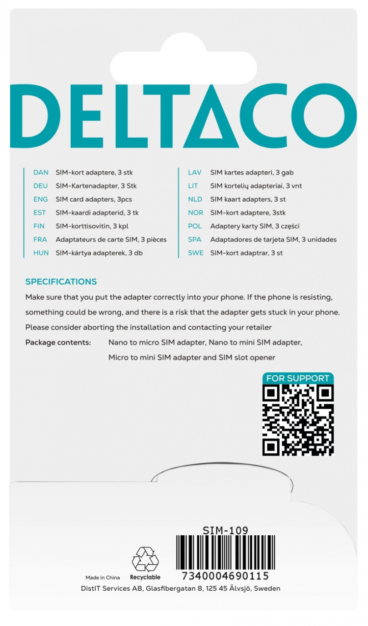 DELTACO SIM-kortadapter til micro/mini/nano-sim, sort