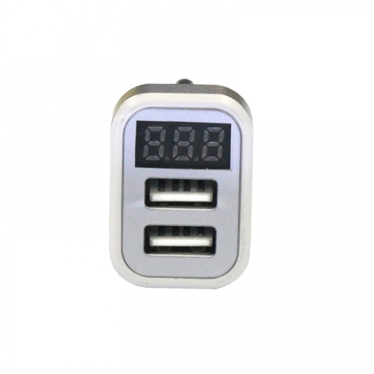 USB-biloplader med 2 USB-porte og display, Sølv