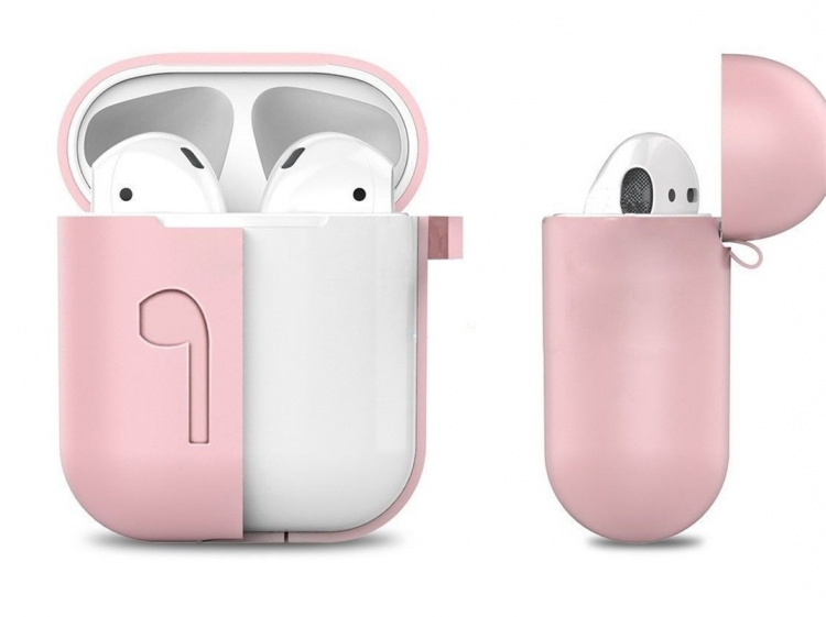 Silikonesæt til Airpods, silikoneetui, rem, silikoneørepropper, karabinhage, pink