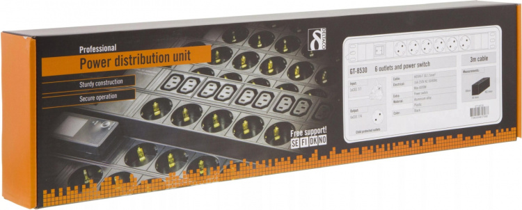 DELTACO Strømskinne med <b>6xCEE 7/4 udtag</b>, 1xCEE 7/7 tilslutning