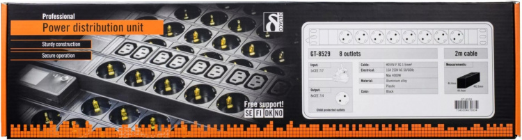 DELTACO Strømskinne med <b>8xCEE 7/4 udtag</b> 1xCEE 7/7 tilslutning,