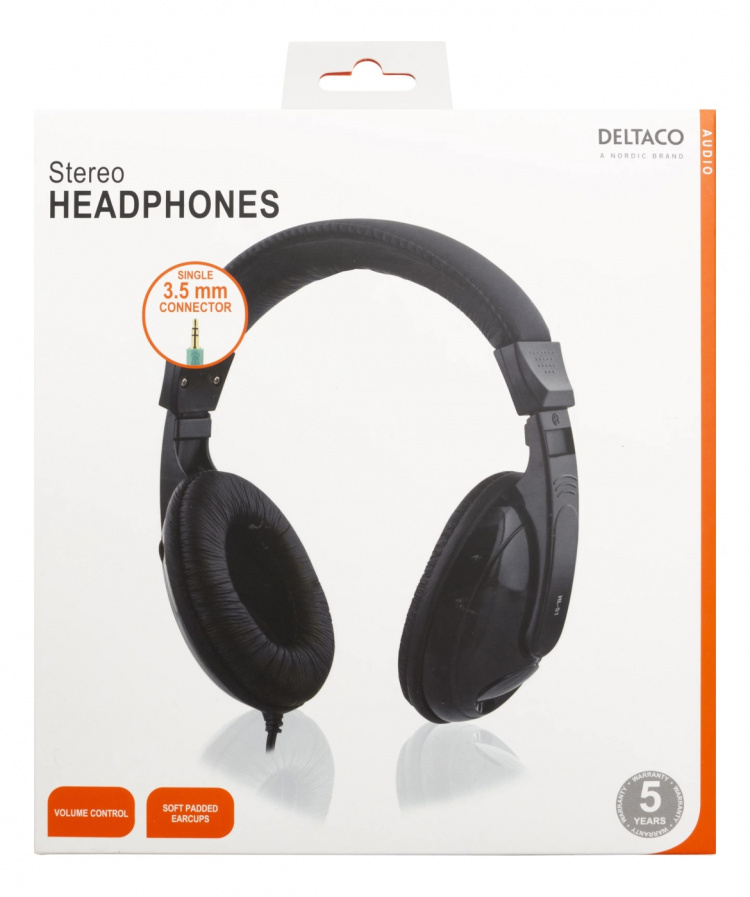 DELTACO høretelefoner, volumekontrol, 2,5m kabel, sort