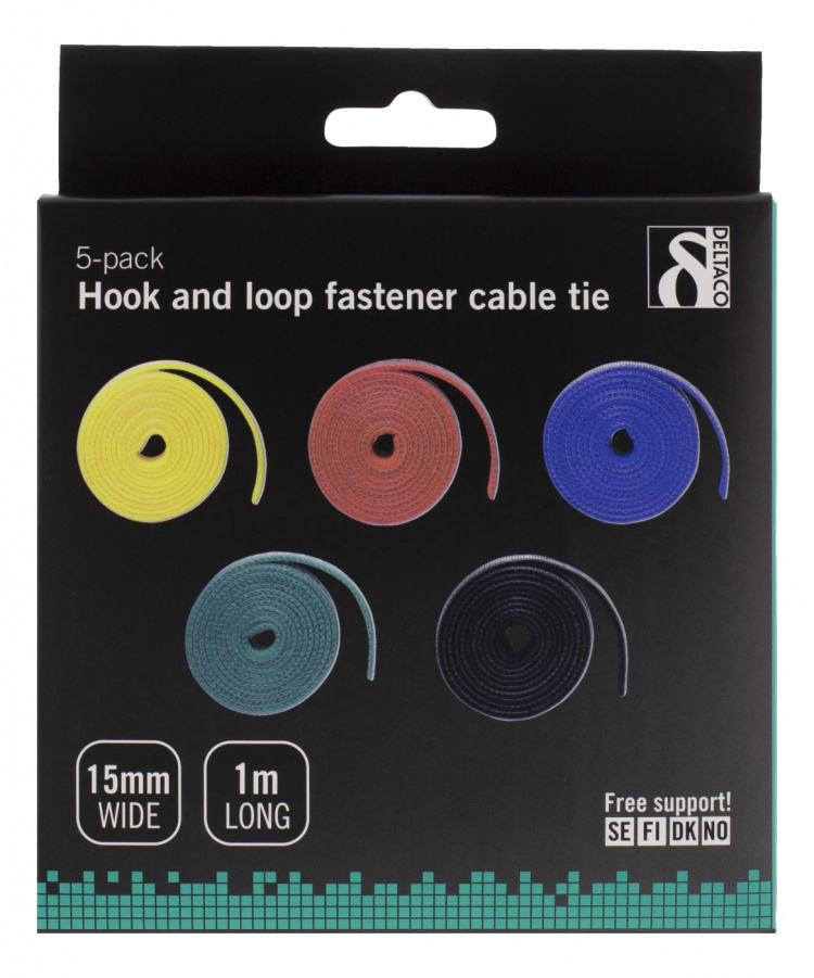 DELTACO kabelsorteringskit, burrebånd i forskellige farver, 5-pack