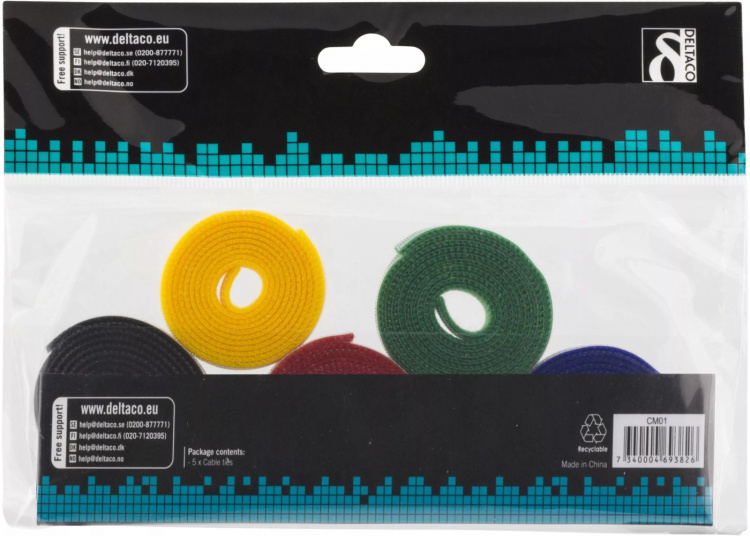 DELTACO kabelsorteringskit, burrebånd i forskellige farver, 5-pack