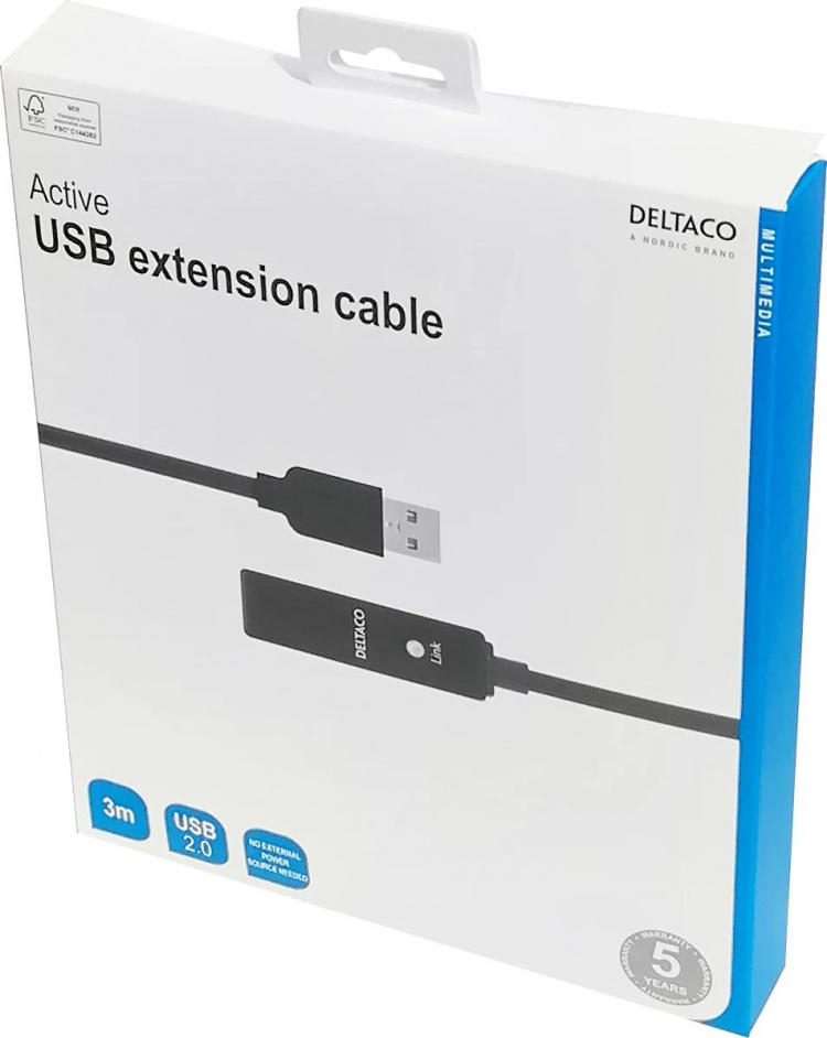 DELTACO PRIME USB 2.0 forlængerkabel, <b>aktivt</b>, Type A han - Typ