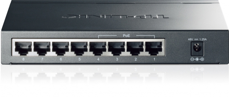 TP-LINK switch, 8x10/100/1000Mbps, RJ45, 4xPoE, 53W, bordmodel, sort